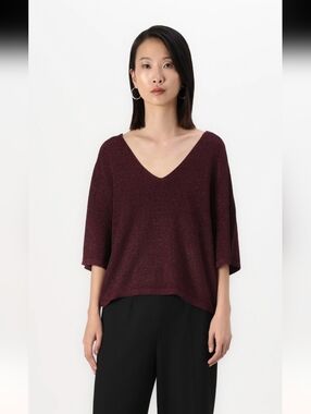 Ichi V-Neck Dolman Sleeve Sweater in Fig Color